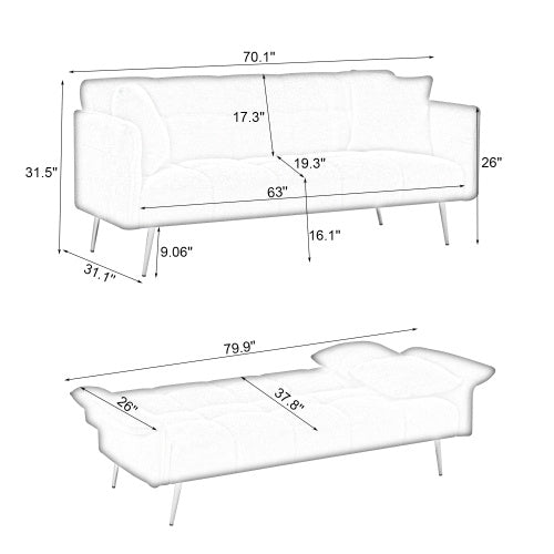 70.1 Inches Futon Sofa Bed, Convertible Double Sofa Bed With Folding Armrests For Living Rooms And Small Spaces