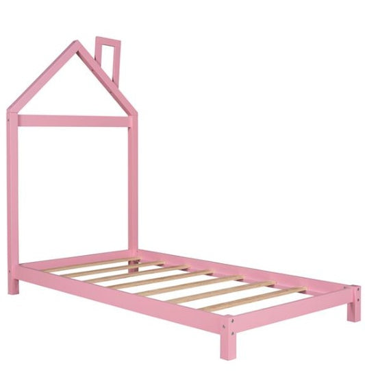 Double Wooden Platform Bed With House-shaped Headboard - Pink