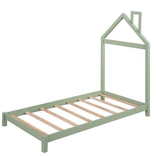 Double Wooden Platform Bed With House-shaped Headboard - Green