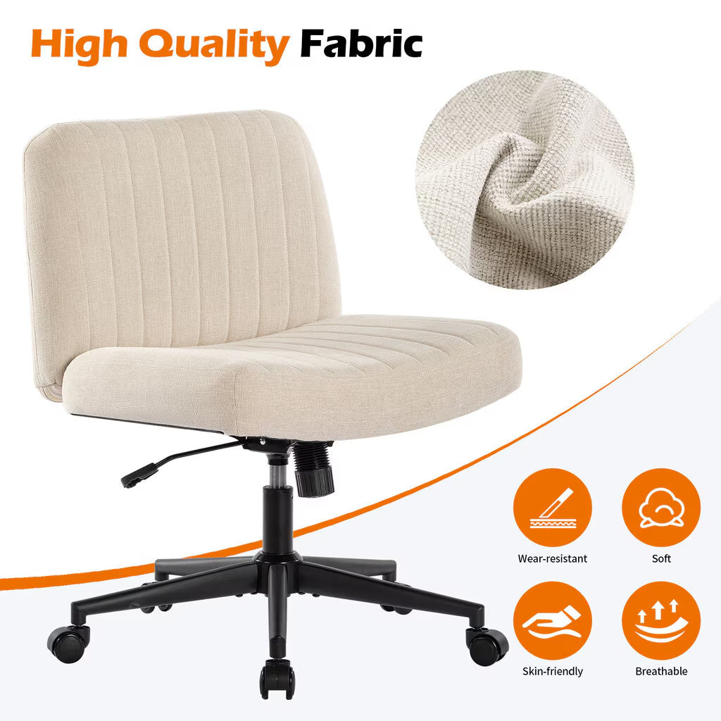 Office Chairs With Wheels, Armless Office Chairs, Linen Wide Seat Home Office Chairs, Cute Computer Chairs With  Swing Backrests, Suitable For Bedrooms And Dressing Tables