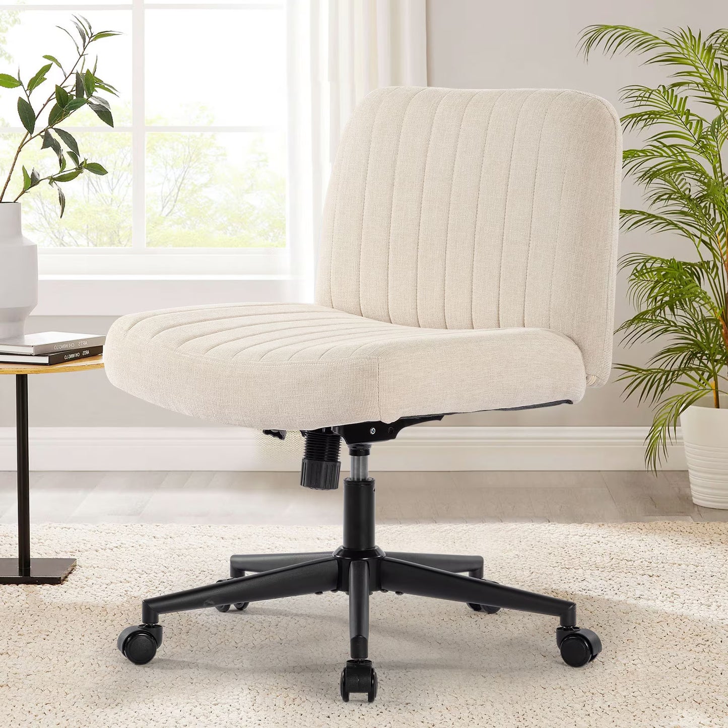 Office Chairs With Wheels, Armless Office Chairs, Linen Wide Seat Home Office Chairs, Cute Computer Chairs With  Swing Backrests, Suitable For Bedrooms And Dressing Tables