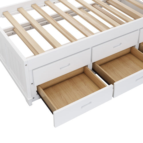 Solid Pine Captain Bookcase Bed With Trundle Bed And 3 Spacious Under Bed Drawers In Casual,Full, White Walnut