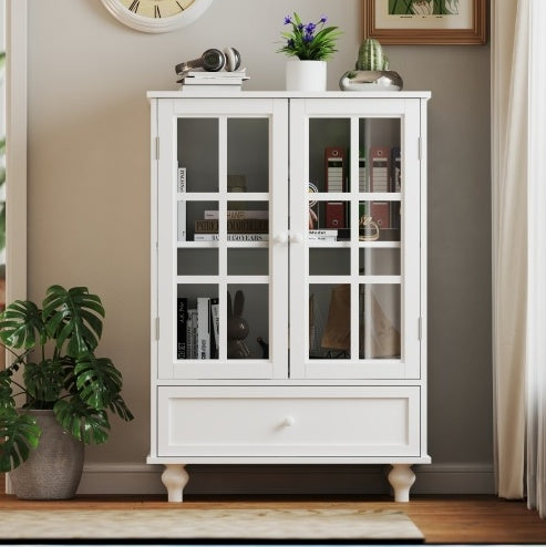 Minimalist White Buffet Cabinet With Double Glass Doors And Drawer, Modern Wooden Storage Sideboard Cupboard For Living Room, Dining Room Hallway Entryway