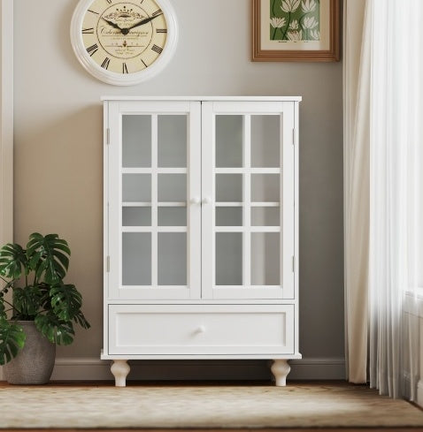 Minimalist White Buffet Cabinet With Double Glass Doors And Drawer, Modern Wooden Storage Sideboard Cupboard For Living Room, Dining Room Hallway Entryway