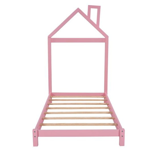 Double Wooden Platform Bed With House-shaped Headboard - Pink