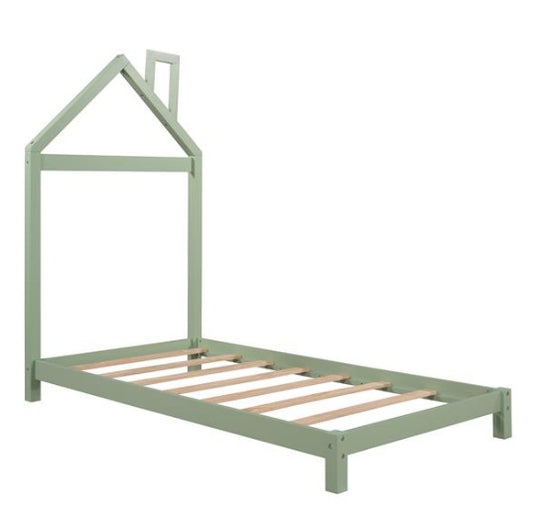 Double Wooden Platform Bed With House-shaped Headboard - Green