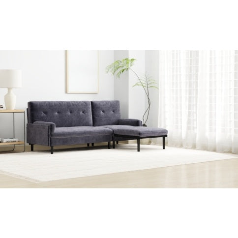 Grey Corduroy Sectional Sofa Convertible 3-seaters Sofa, L-Shaped Sofa, And Bed