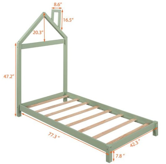 Double Wooden Platform Bed With House-shaped Headboard - Green