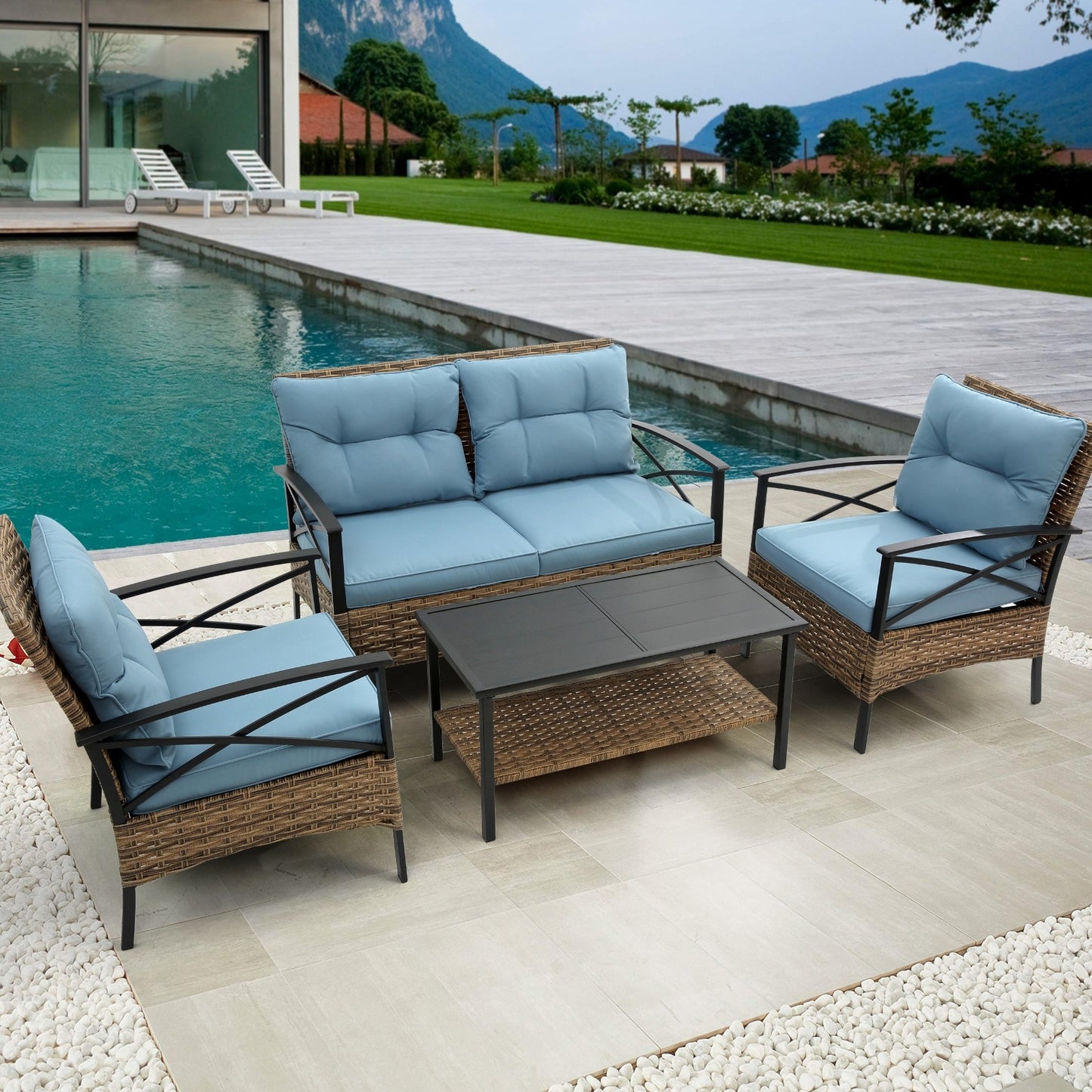 4-Piece Patio Sectional Low Dining Sofa Set - KD Rattan Wicker Outdoor Furniture