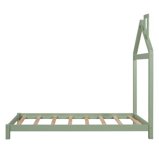 Double Wooden Platform Bed With House-shaped Headboard - Green