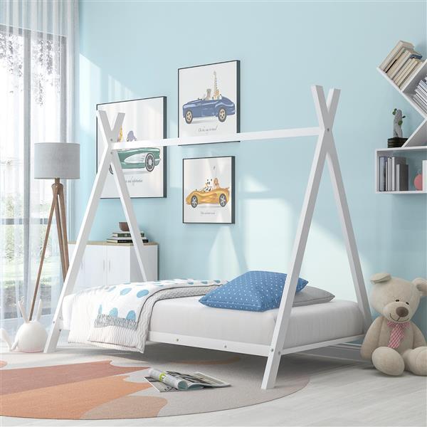 House Bed Tent Bed Frame Double Size Metal Floor Play House Bed With Slats For Kids Boys Girls Without Spring Mattress White