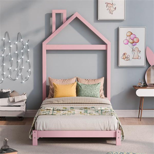 Double Wooden Platform Bed With House-shaped Headboard - Pink