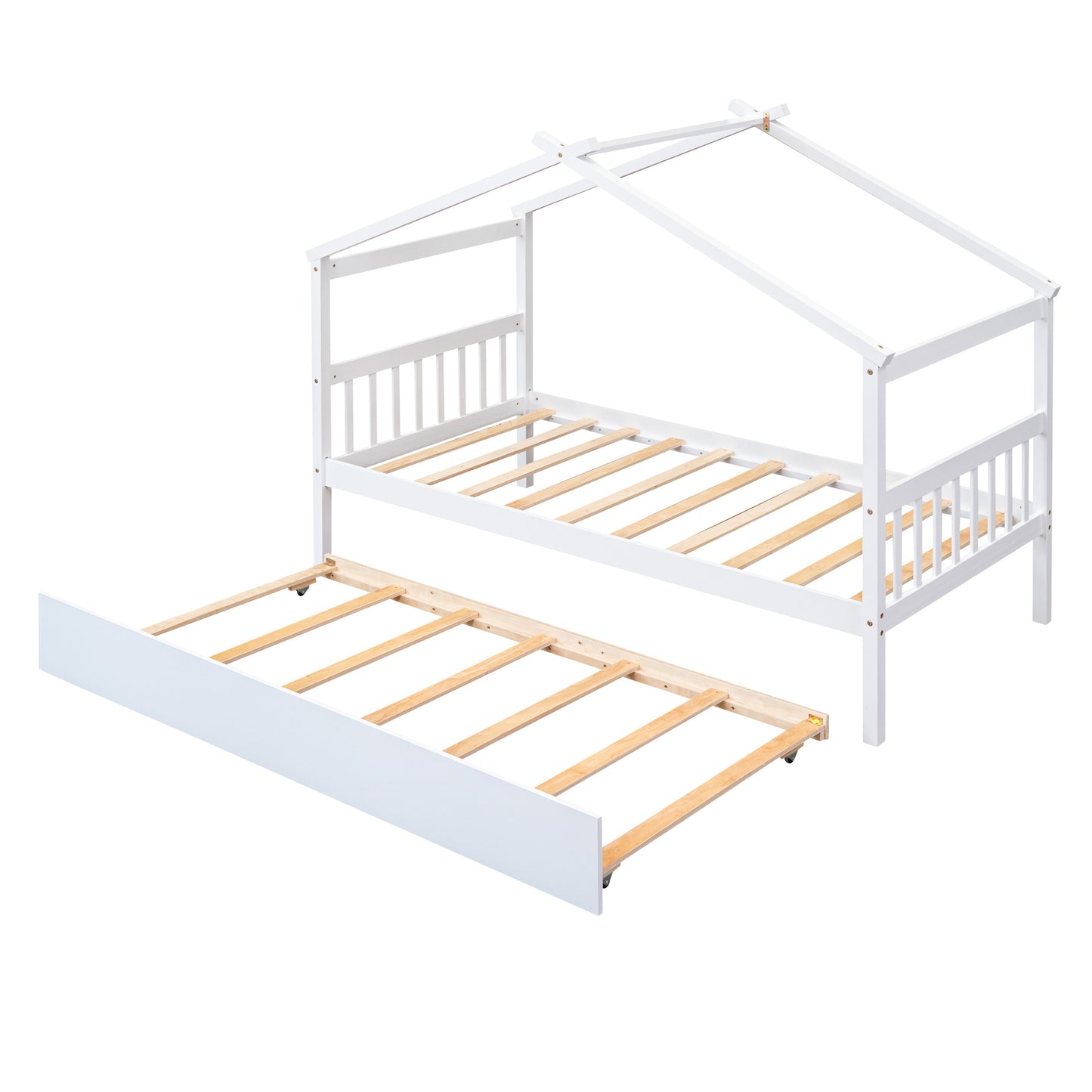 Single Wooden House Bed With Single Roller Bed, White