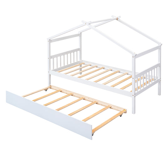 Single Wooden House Bed With Single Roller Bed, White