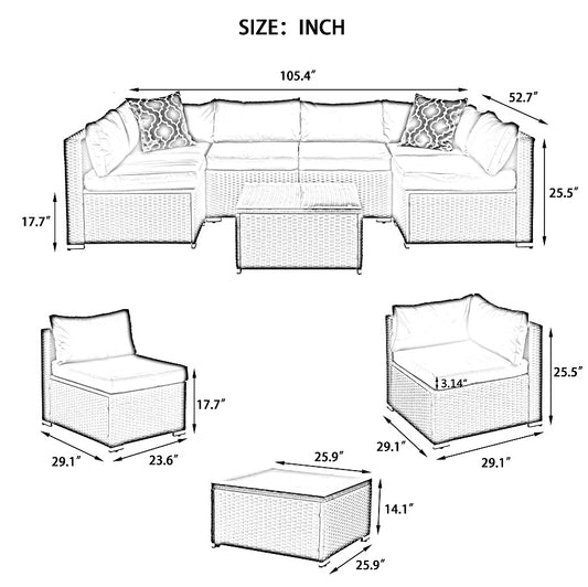 Patio Furniture, Outdoor Furniture, Seasonal PE Wicker Furniture, 7 Set Wicker Furniture With Tempered Glass Coffee Table