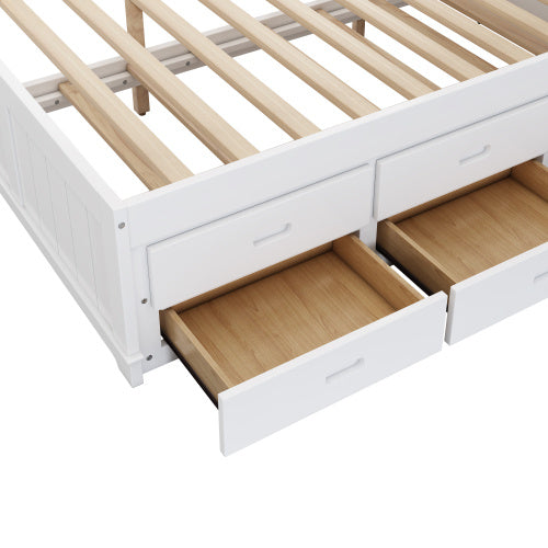 Solid Pine Captain Bookcase Bed With Trundle Bed And 3 Spacious Under Bed Drawers In Casual,Full, White Walnut