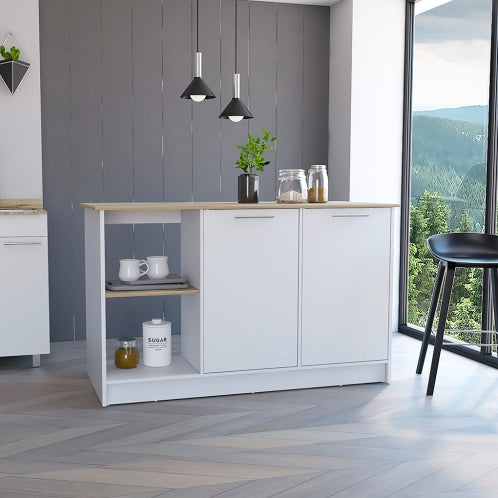 Juniper Kitchen Island, Four Open Shelves, Two Cabinets -Light Oak