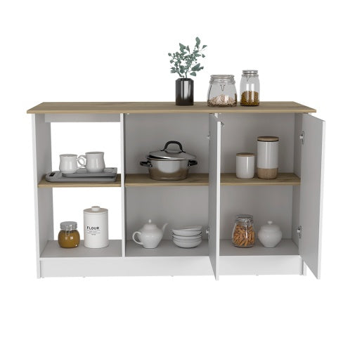 Juniper Kitchen Island, Four Open Shelves, Two Cabinets -Light Oak