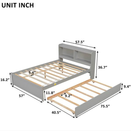 Double Bed With Roller Bed, Bookcase, Grey