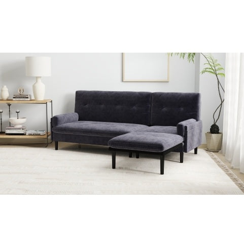 Grey Corduroy Sectional Sofa Convertible 3-seaters Sofa, L-Shaped Sofa, And Bed