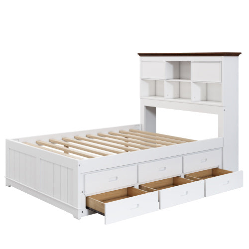 Solid Pine Captain Bookcase Bed With Trundle Bed And 3 Spacious Under Bed Drawers In Casual,Full, White Walnut