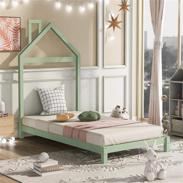 Double Wooden Platform Bed With House-shaped Headboard - Green