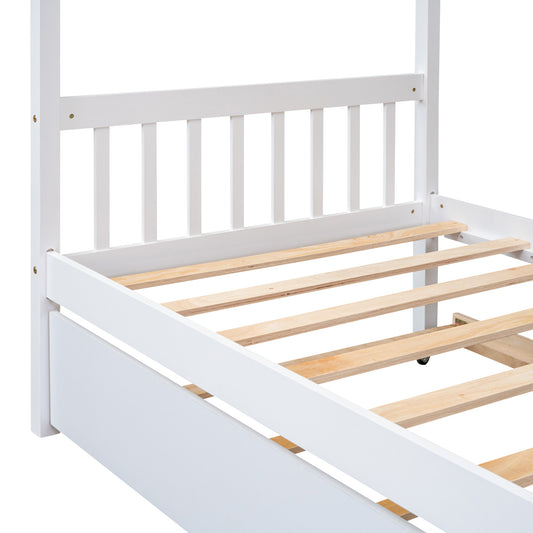 Single Wooden House Bed With Single Roller Bed, White