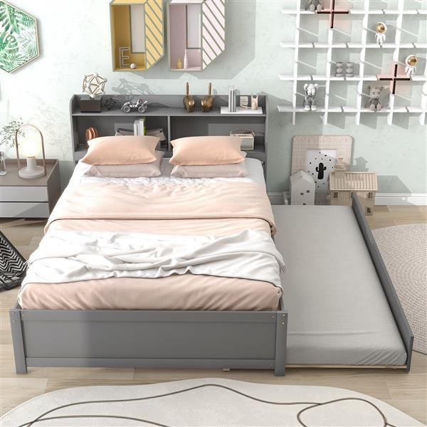 Double Bed With Roller Bed, Bookcase, Grey