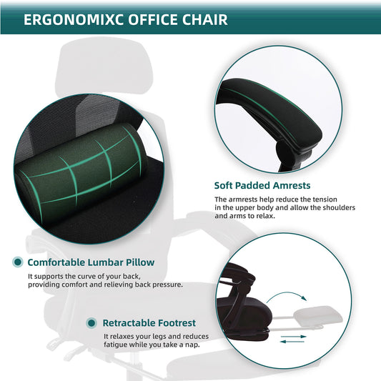 Retractable Footrest Ergonomic Swivel Office Chair With Lumbar Support Pillow And Padded Armrests