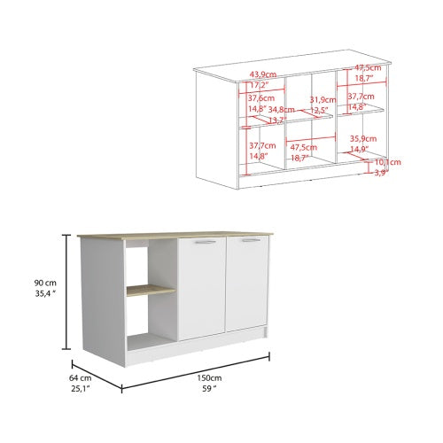 Juniper Kitchen Island, Four Open Shelves, Two Cabinets -Light Oak