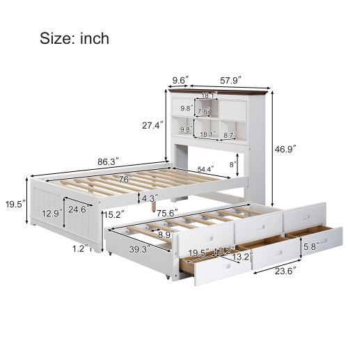 Solid Pine Captain Bookcase Bed With Trundle Bed And 3 Spacious Under Bed Drawers In Casual,Full, White Walnut