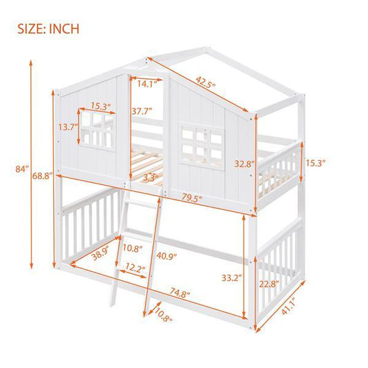 Bunk House Bed With Ladder, Wooden Bed - White