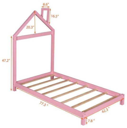 Double Wooden Platform Bed With House-shaped Headboard - Pink