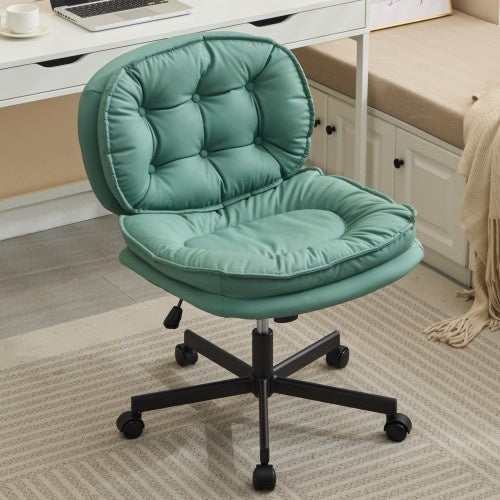 Armless Office Desk Chair With Wheels  PU Leather Cross Legged Wide Chair,Comfortable Adjustable Swivel Computer Task Chairs For Home,Office,Make Up,Small Space,Bed Room