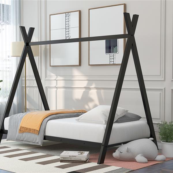 House Bed Tent Bed Frame Double Size Metal Floor Play House Bed With Slats For Kids Boys Girls No Spring Mattress Black