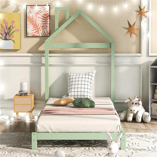 Double Wooden Platform Bed With House-shaped Headboard - Green