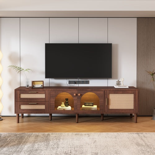 Rattan TV Stand With 3 Cabinets 2 Drawers, Rattan-inspired Media Console Table For TVs Up To 80'', LED Light Entertainment Center, TV Cabinet For Living Room, Bedroom, Home Theatre