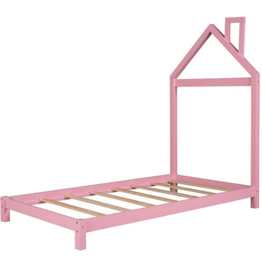 Double Wooden Platform Bed With House-shaped Headboard - Pink