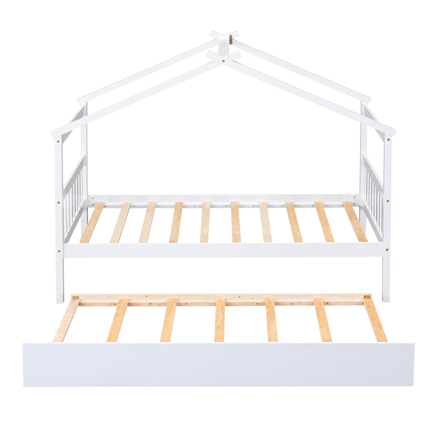 Single Wooden House Bed With Single Roller Bed, White