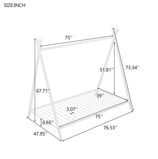 House Bed Tent Bed Frame Double Size Metal Floor Play House Bed With Slats For Kids Boys Girls Without Spring Mattress White