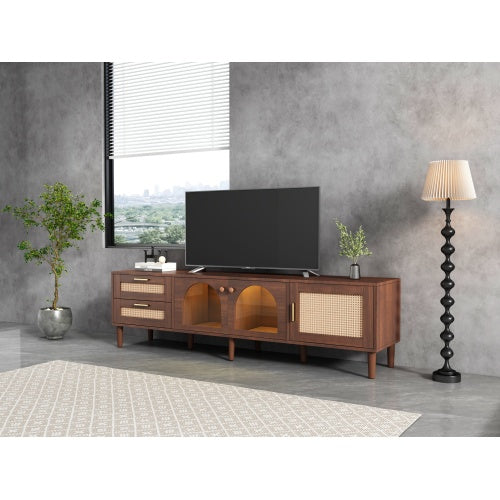 Rattan TV Stand With 3 Cabinets 2 Drawers, Rattan-inspired Media Console Table For TVs Up To 80'', LED Light Entertainment Center, TV Cabinet For Living Room, Bedroom, Home Theatre