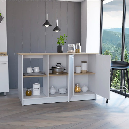 Juniper Kitchen Island, Four Open Shelves, Two Cabinets -Light Oak