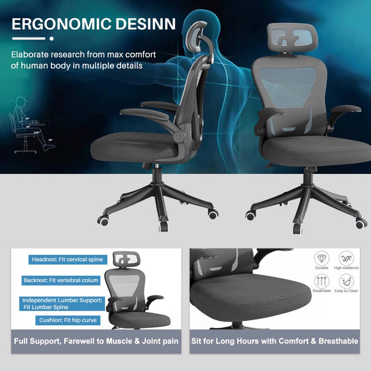 Ergonomic Black Swivel Office Chair High Back Comfortable Mesh Seat Headrest Adjustable Lumbar Support Wheels Executive Chair