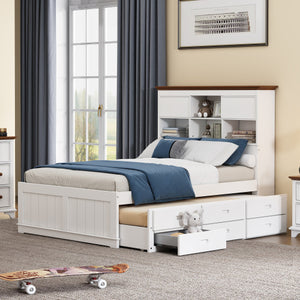 Solid Pine Captain Bookcase Bed With Trundle Bed And 3 Spacious Under Bed Drawers In Casual,Full, White Walnut