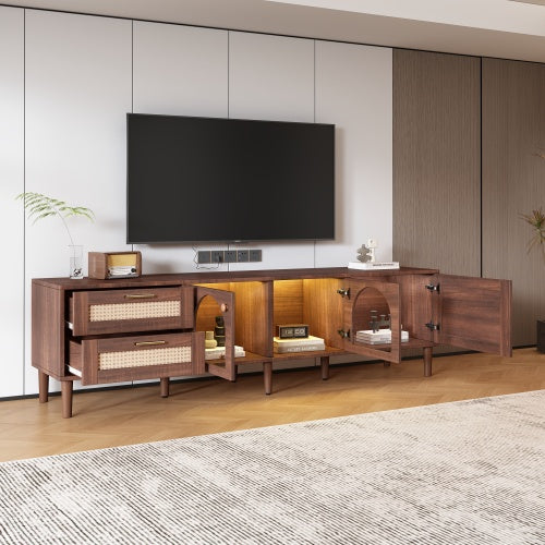 Rattan TV Stand With 3 Cabinets 2 Drawers, Rattan-inspired Media Console Table For TVs Up To 80'', LED Light Entertainment Center, TV Cabinet For Living Room, Bedroom, Home Theatre