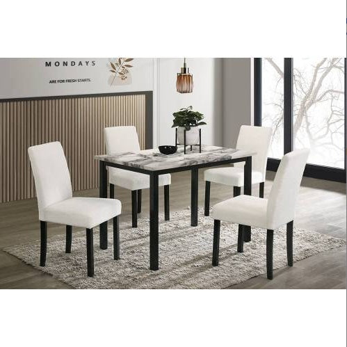 White Color Wool Fabric Chairs Faux Marble Top Table 5pc Dining Set Kitchen Dinette Cushions Upholstered 4x Chairs Dining Room