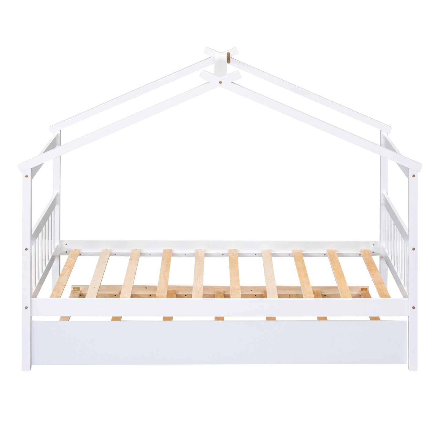 Single Wooden House Bed With Single Roller Bed, White