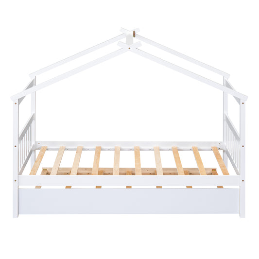 Single Wooden House Bed With Single Roller Bed, White