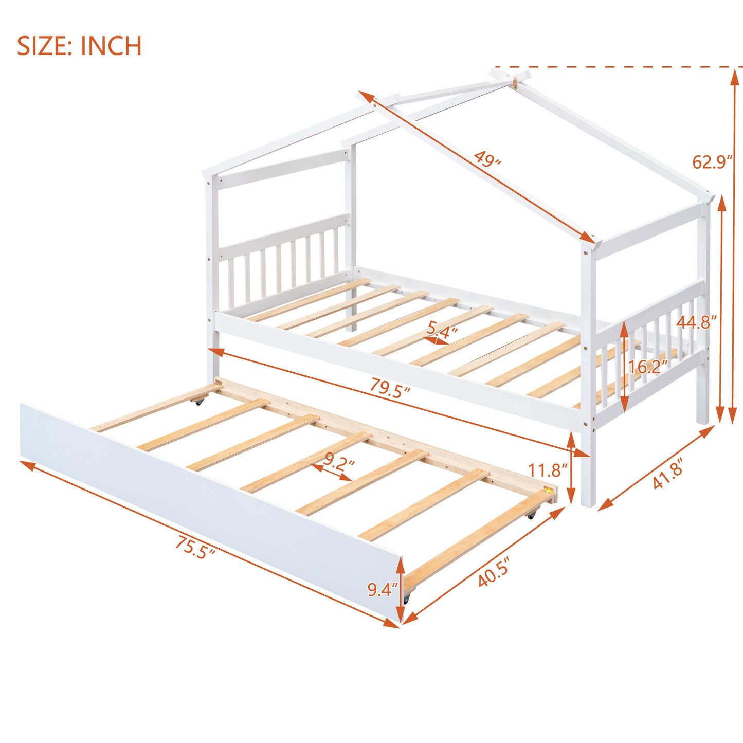 Single Wooden House Bed With Single Roller Bed, White