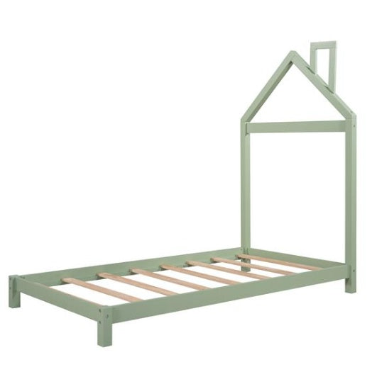 Double Wooden Platform Bed With House-shaped Headboard - Green